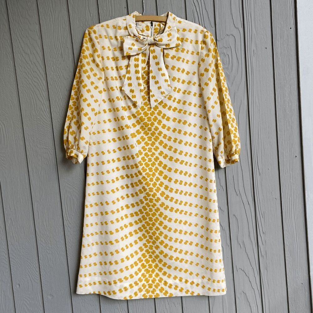 VTG 60s R&K Originals Mod Shift Dress Bow Collar Mustard Print